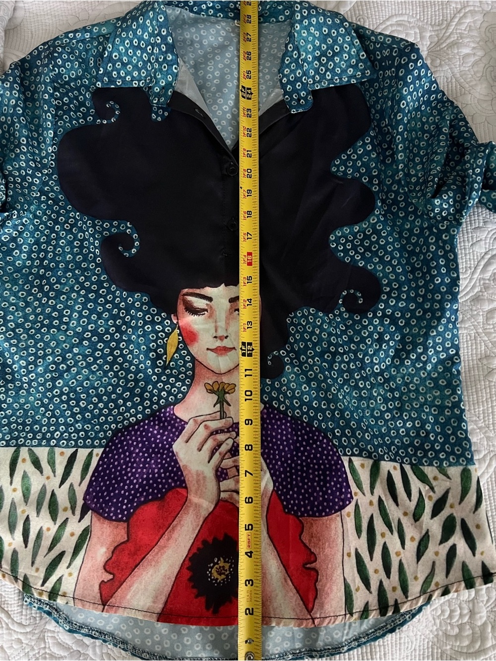 Artistic Illustrated Blue Patterned Button-Up Top - Picture 5 of 5